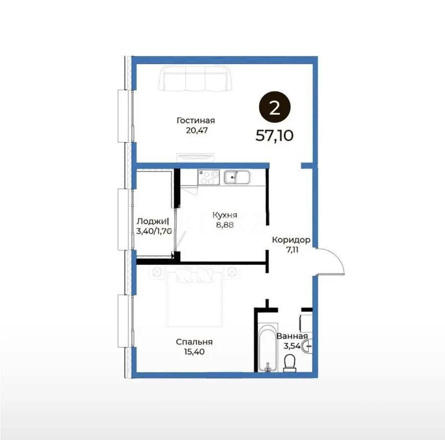 Продажа 2-комнатной квартиры, 57.1 м² в Астане