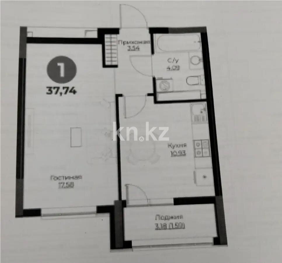 Продажа 1-комнатной квартиры, 37.74 м² в Астане
