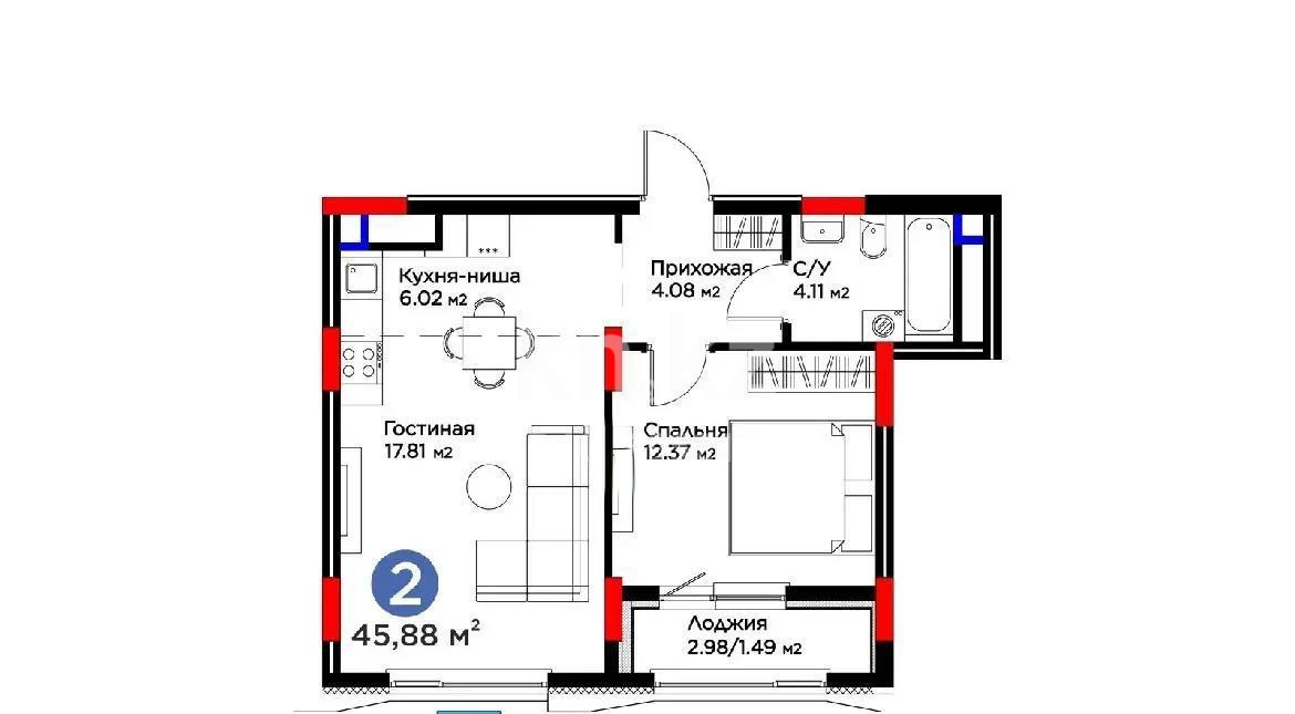 Продажа 2-комнатной квартиры, 45.88 м², ул. Кенесары, дом  54 в Астане