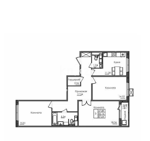 Продажа 3-комнатной квартиры, 87.64 м², ул. Е-117, дом  45 стр в Астане