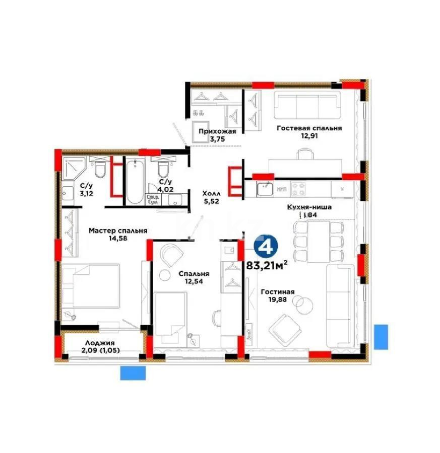 Продажа 4-комнатной квартиры, 83 м² в Астане