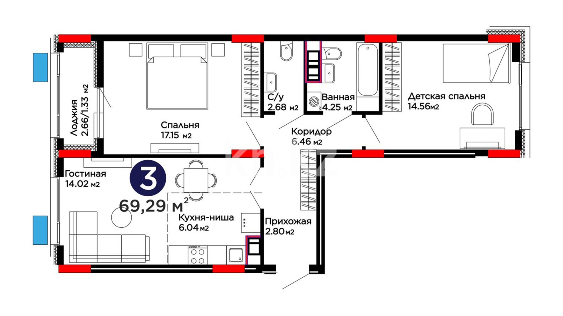 ЖК Capital Park Joy, 3-комнатная, цена 48 516 858 ₸, 700 200 ₸&nbsp;/&nbsp;м²