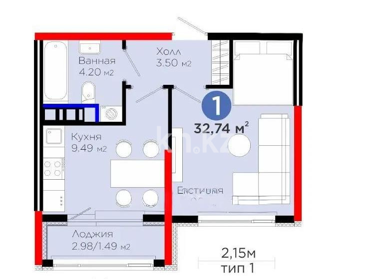 Продажа 1-комнатной квартиры, 33 м² в Астане