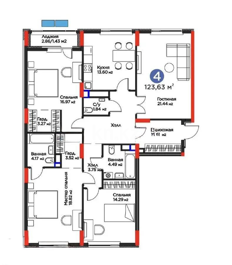 Продажа 4-комнатной квартиры, 123 м², ул. Е-117, дом  55 в Астане