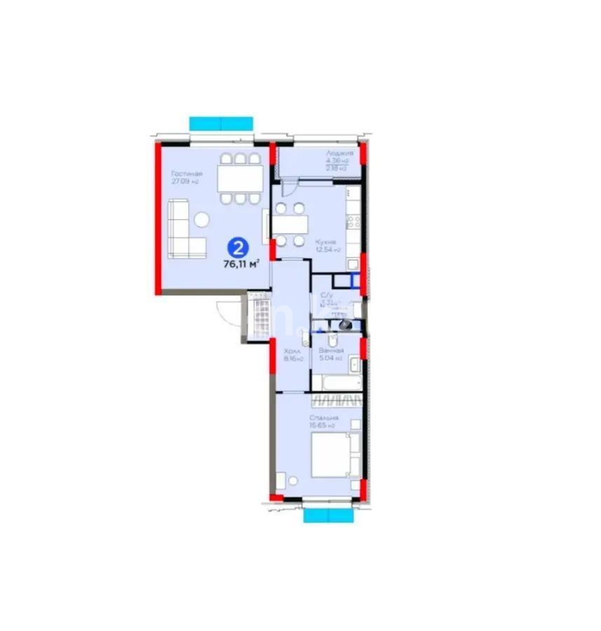 Продажа 2-комнатной квартиры, 76.11 м² в Астане