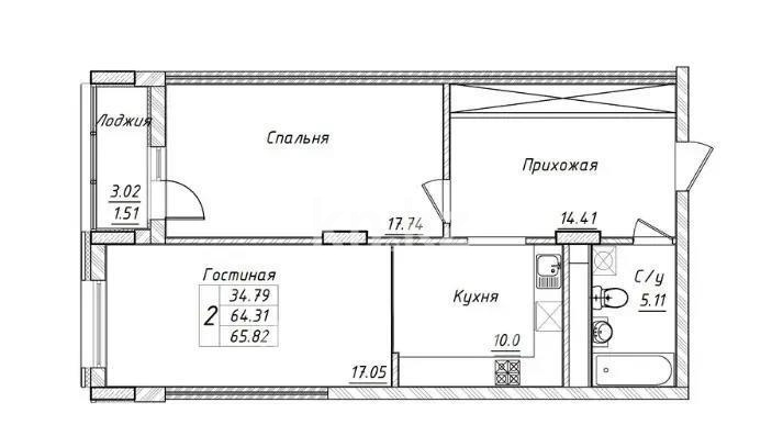 Продажа 2-комнатной квартиры, 65.82 м² в Астане