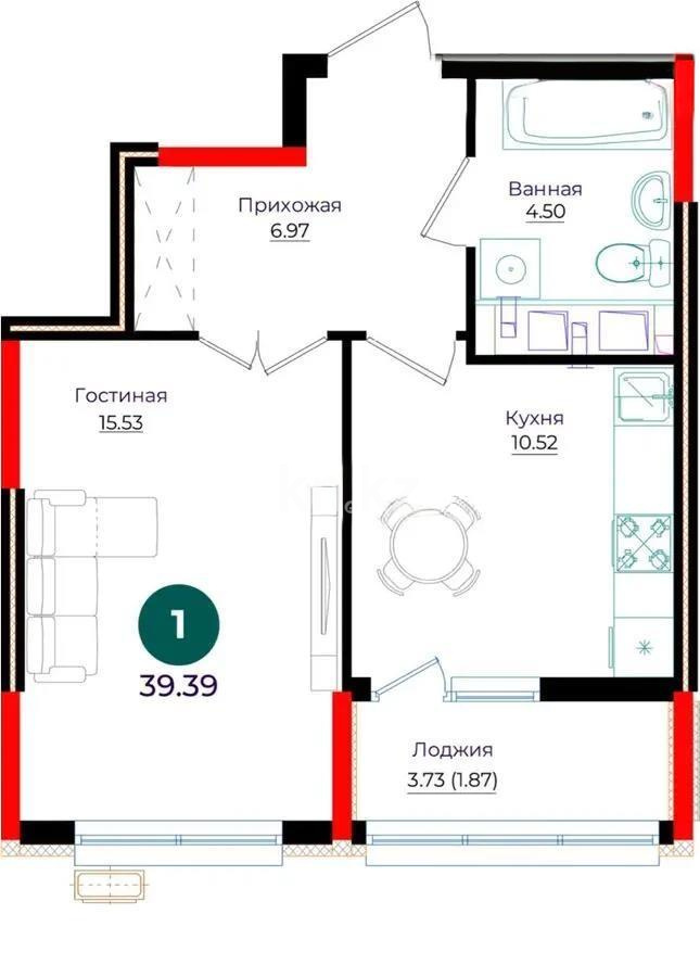 Продажа 1-комнатной квартиры, 39.39 м² в Астане