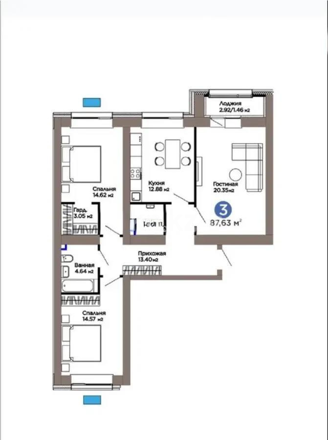 Продажа 3-комнатной квартиры, 87.63 м² в Астане