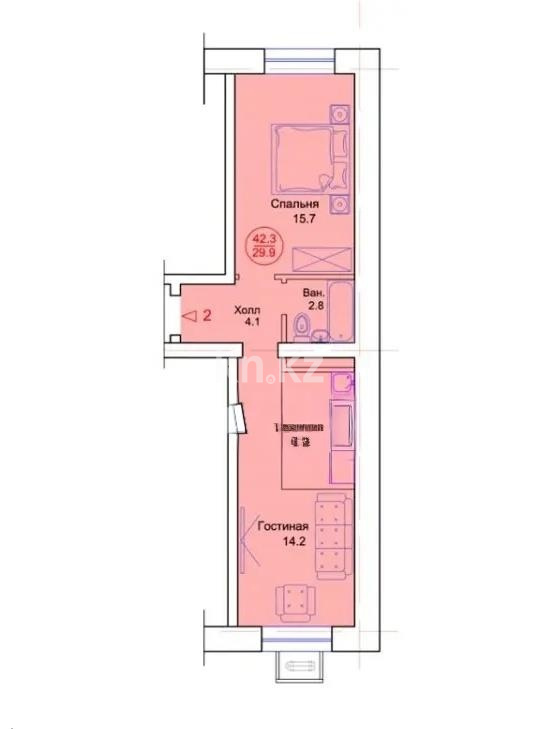Продажа 1-комнатной квартиры, 42.3 м² в Астане - фото 2