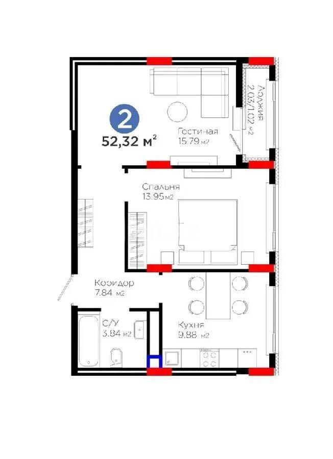 Продажа 2-комнатной квартиры, 52.52 м² в Астане