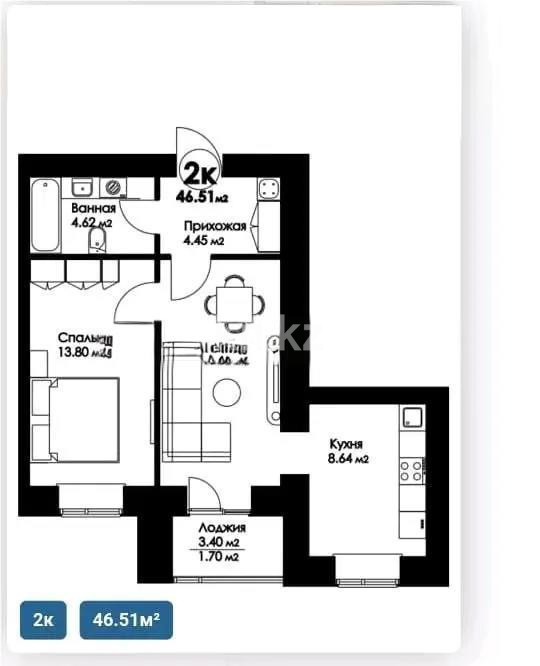 Продажа 2-комнатной квартиры, 48 м² в Астане
