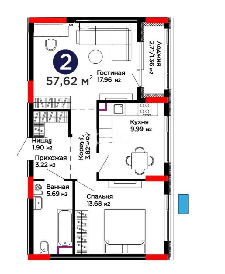 Продажа 2-комнатной квартиры, 57.62 м², ул. Бухар жырау, дом  31/1 в Астане - фото 3