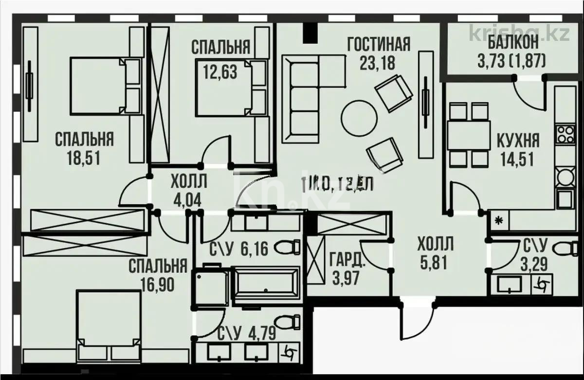 Продажа 4-комнатной квартиры, 117.5 м² в Астане