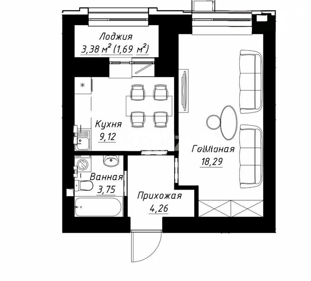 Продажа 1-комнатной квартиры, 41.3 м² в Астане