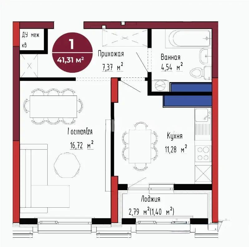 Продажа 1-комнатной квартиры, 41.31 м² в Астане