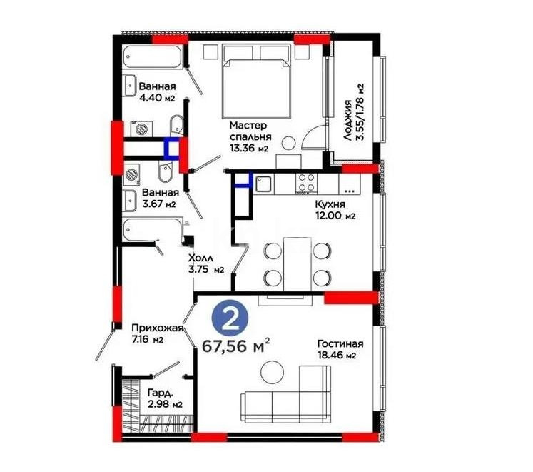Продажа 2-комнатной квартиры, 68.5 м² в Астане