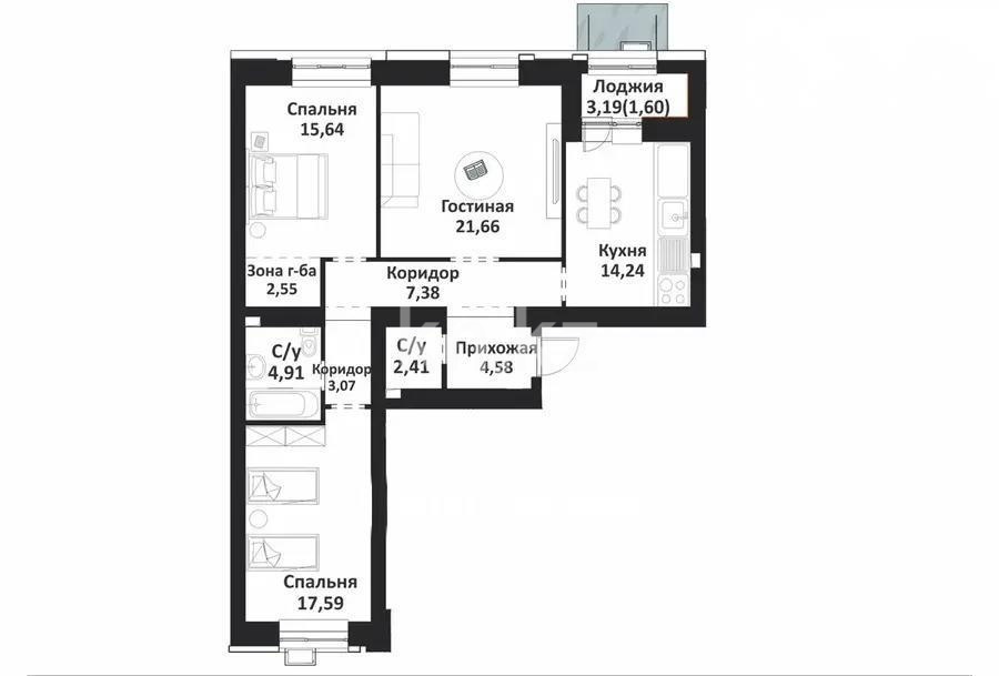 Продажа 3-комнатной квартиры, 95.63 м², ул. Калдаякова, дом  12 в Астане