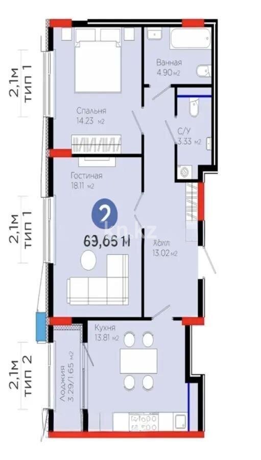 Продажа 2-комнатной квартиры, 69 м² в Астане