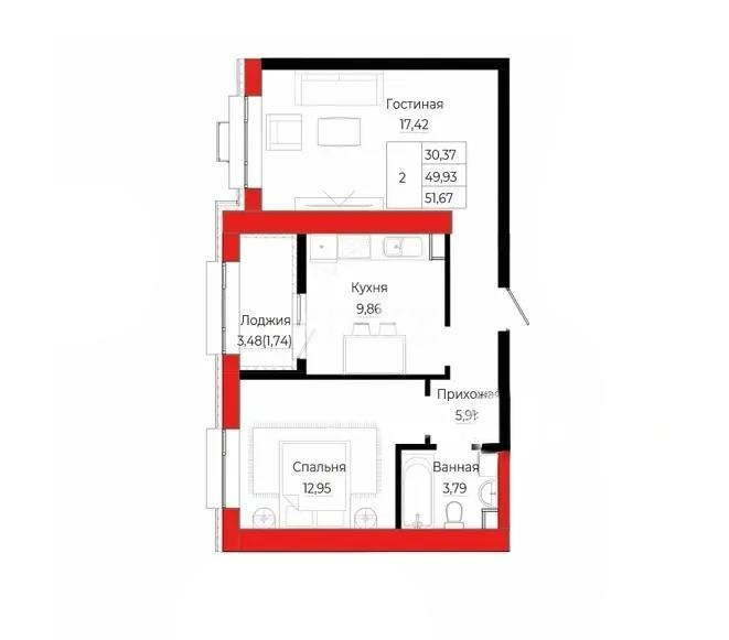 Продажа 2-комнатной квартиры, 51.4 м² в Астане