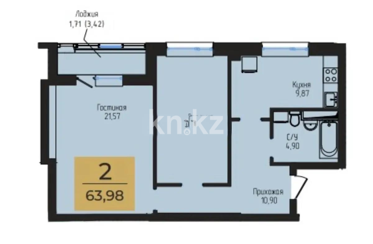 Продажа 2-комнатной квартиры, 63.98 м² в Астане