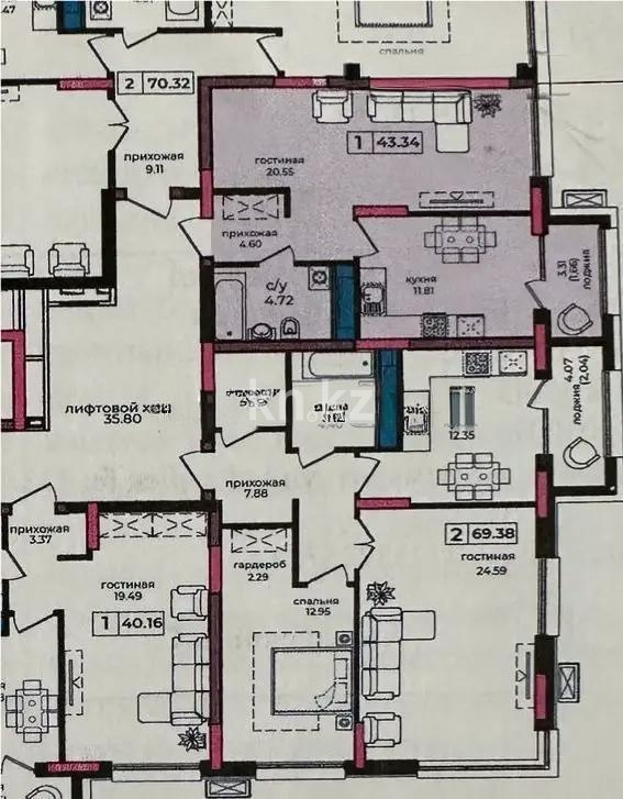 Продажа 1-комнатной квартиры, 43.34 м² в Астане