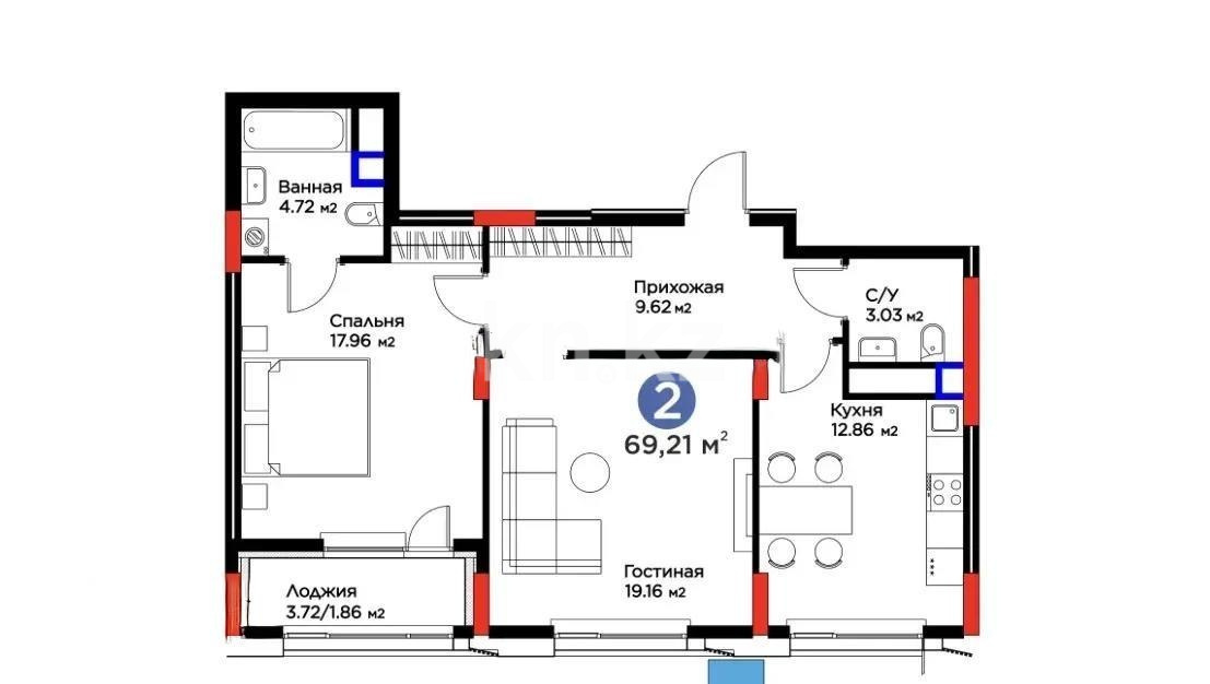 Продажа 2-комнатной квартиры, 69.21 м² в Астане