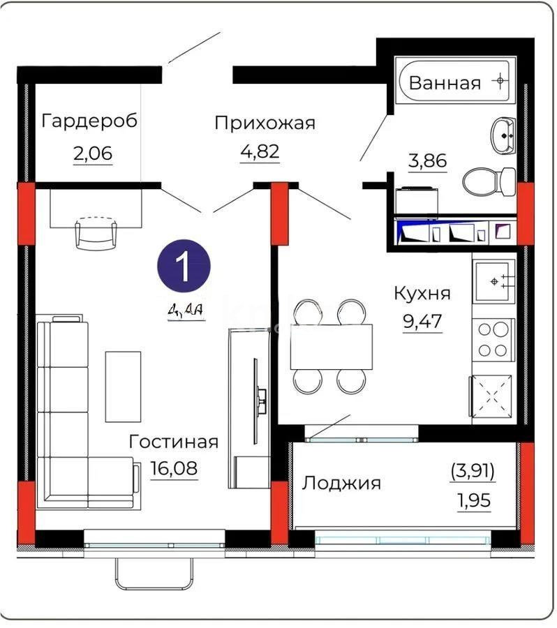 Продажа 1-комнатной квартиры, 38.3 м², ул. Казыбек би, дом  41/1 в Астане