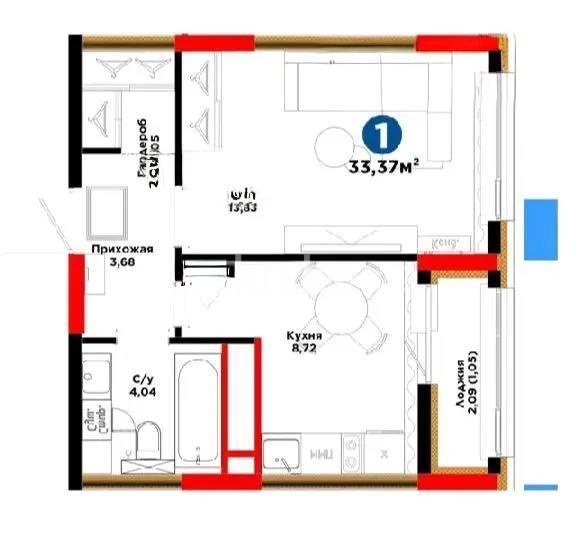 Продажа 1-комнатной квартиры, 33.37 м² в Астане