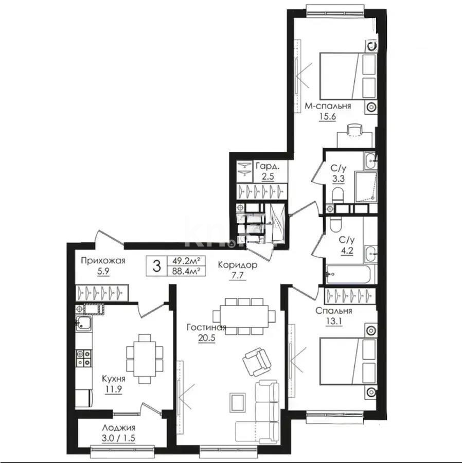 Продажа 3-комнатной квартиры, 88.4 м², пр. Тауелсыздык, дом  38/4 стр в Астане