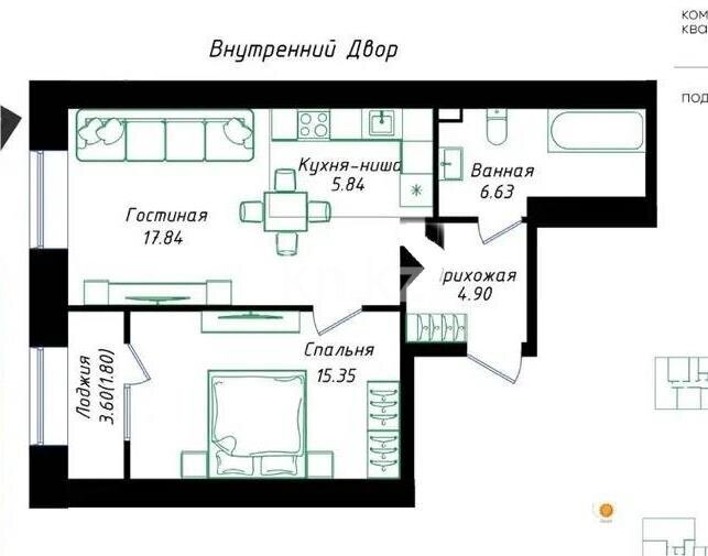 Продажа 2-комнатной квартиры, 52.36 м² в Астане