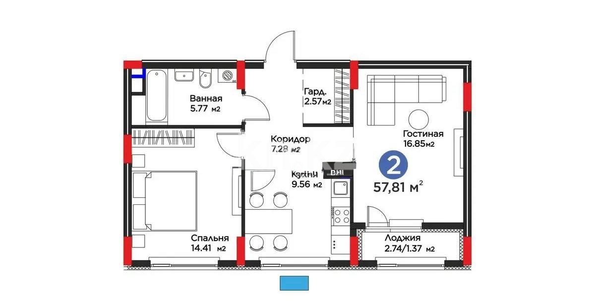 Продажа 2-комнатной квартиры, 57.81 м² в Астане