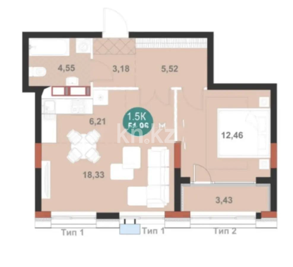 Продажа 2-комнатной квартиры, 52 м², ул. Е-496, дом  6 в Астане