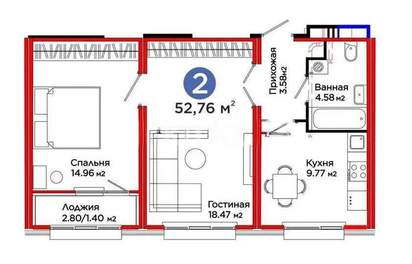 Продажа 2-комнатной квартиры, 53 м² в Астане