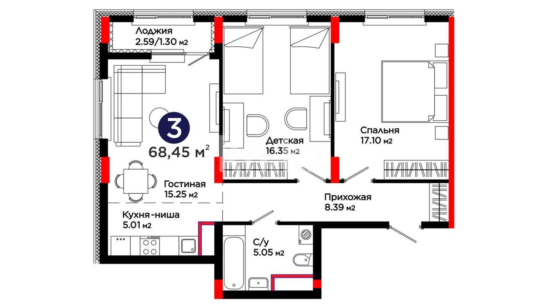 ЖК UIA. DARYN, 3-комнатная, цена 40 083 960 ₸, 588 000 ₸&nbsp;/&nbsp;м²
