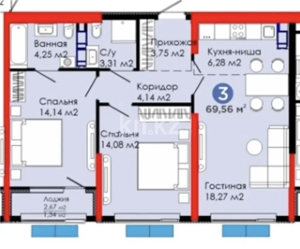 Продажа 3-комнатной квартиры, 69.56 м² в Алматы