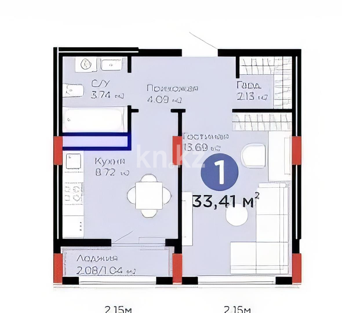 Продажа 1-комнатной квартиры, 33.41 м² в Астане