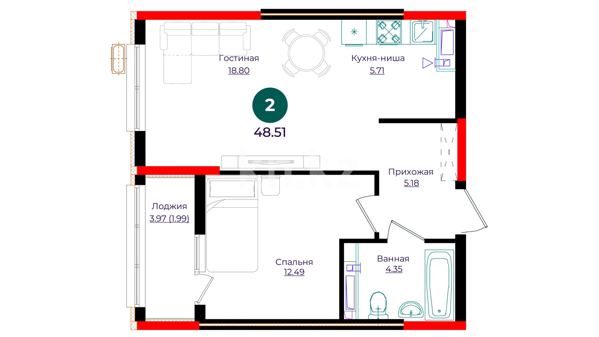 ЖК Abay Joly Avenue, 2-комнатная, цена 23 430 330 ₸, 483 000 ₸&nbsp;/&nbsp;м²