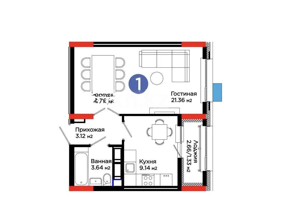 Продажа 1-комнатной квартиры, 38.59 м² в Астане