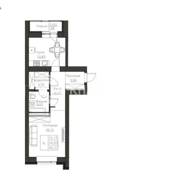 Продажа 1-комнатной квартиры, 46.27 м² в Астане