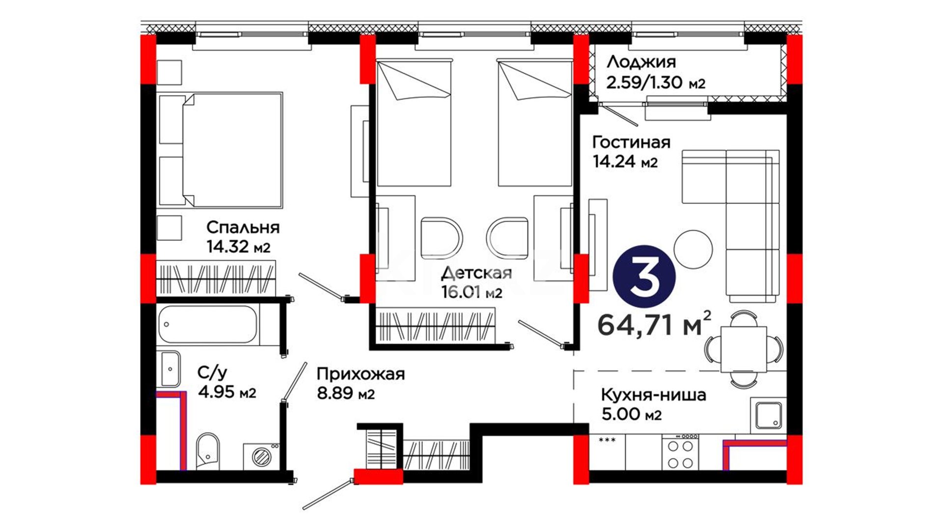 ЖК UIA. DARYN, 3-комнатная, цена 38 468 000 ₸, 590 000 ₸&nbsp;/&nbsp;м²