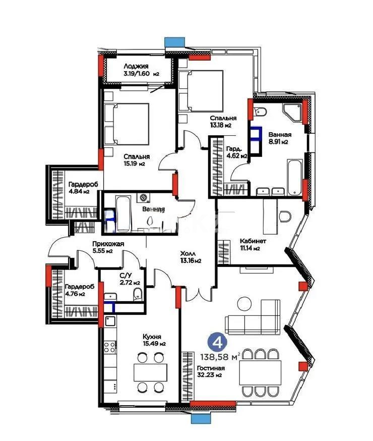 Продажа 4-комнатной квартиры, 138.58 м² в Астане