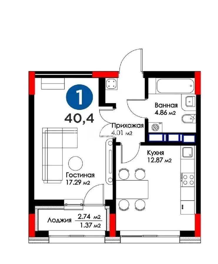 Продажа 1-комнатной квартиры, 40.4 м² в Астане