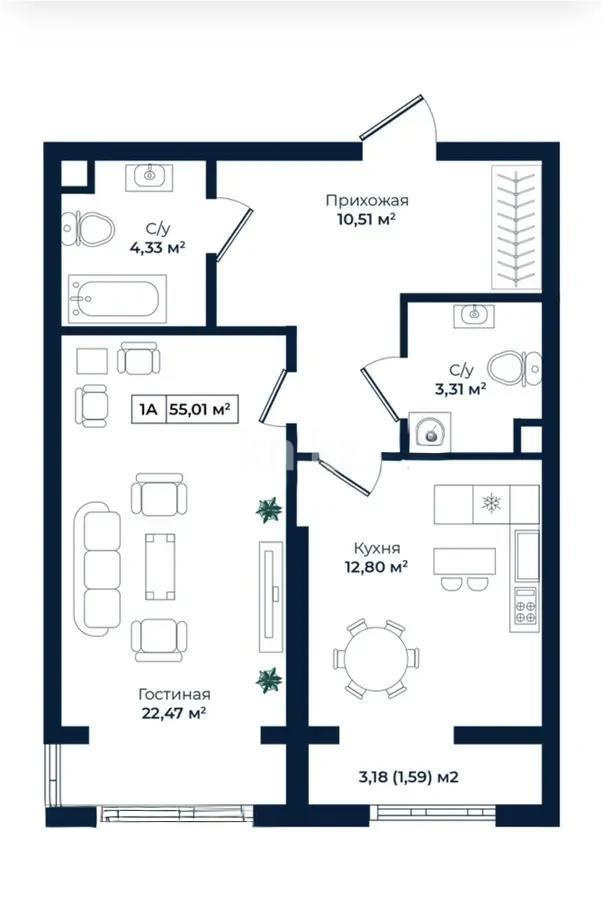 Продажа 2-комнатной квартиры, 55.1 м², пр. Абая, дом  118 в Алматы
