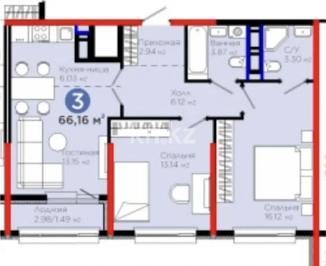 Продажа 3-комнатной квартиры, 66.16 м² в Астане