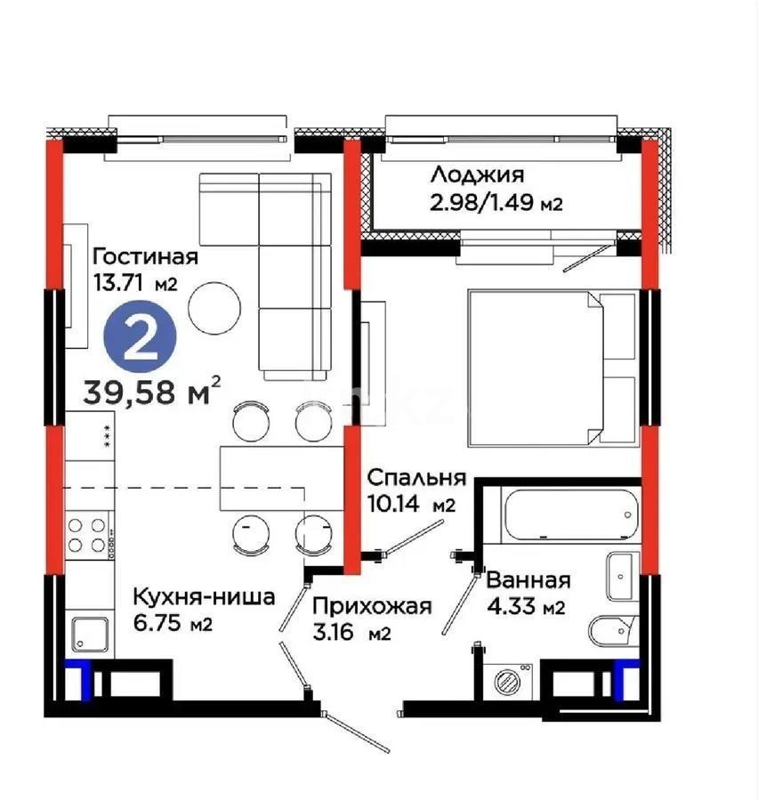 Продажа 2-комнатной квартиры, 39.58 м² в Астане