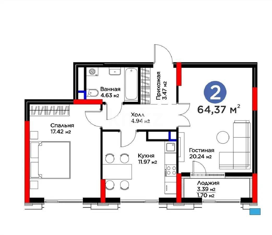 Продажа 2-комнатной квартиры, 64.37 м², ул. Мухамедханова, дом  6/1 стр в Астане