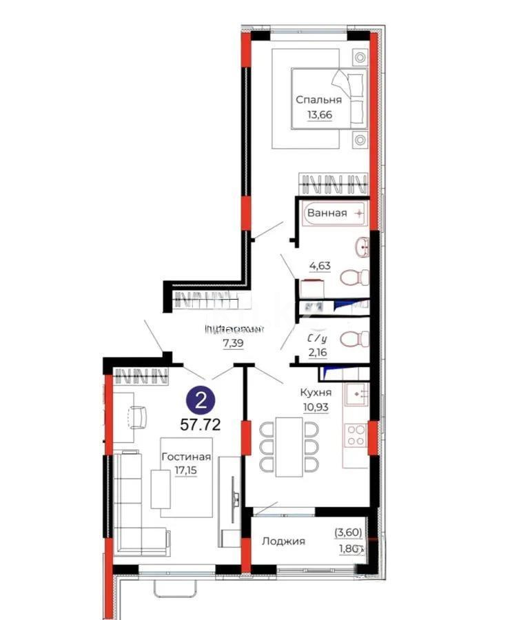 Продажа 2-комнатной квартиры, 57.7 м² в Астане