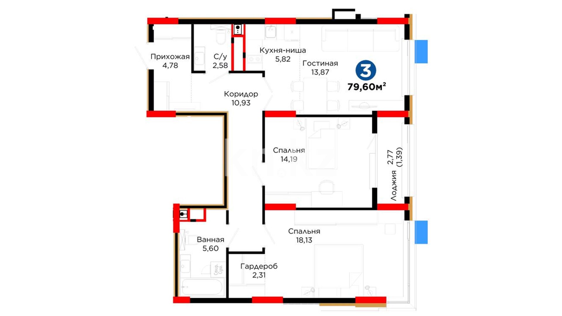 ЖК Alem Sana, 3-комнатная, цена 42 016 860 ₸, 527 850 ₸&nbsp;/&nbsp;м²