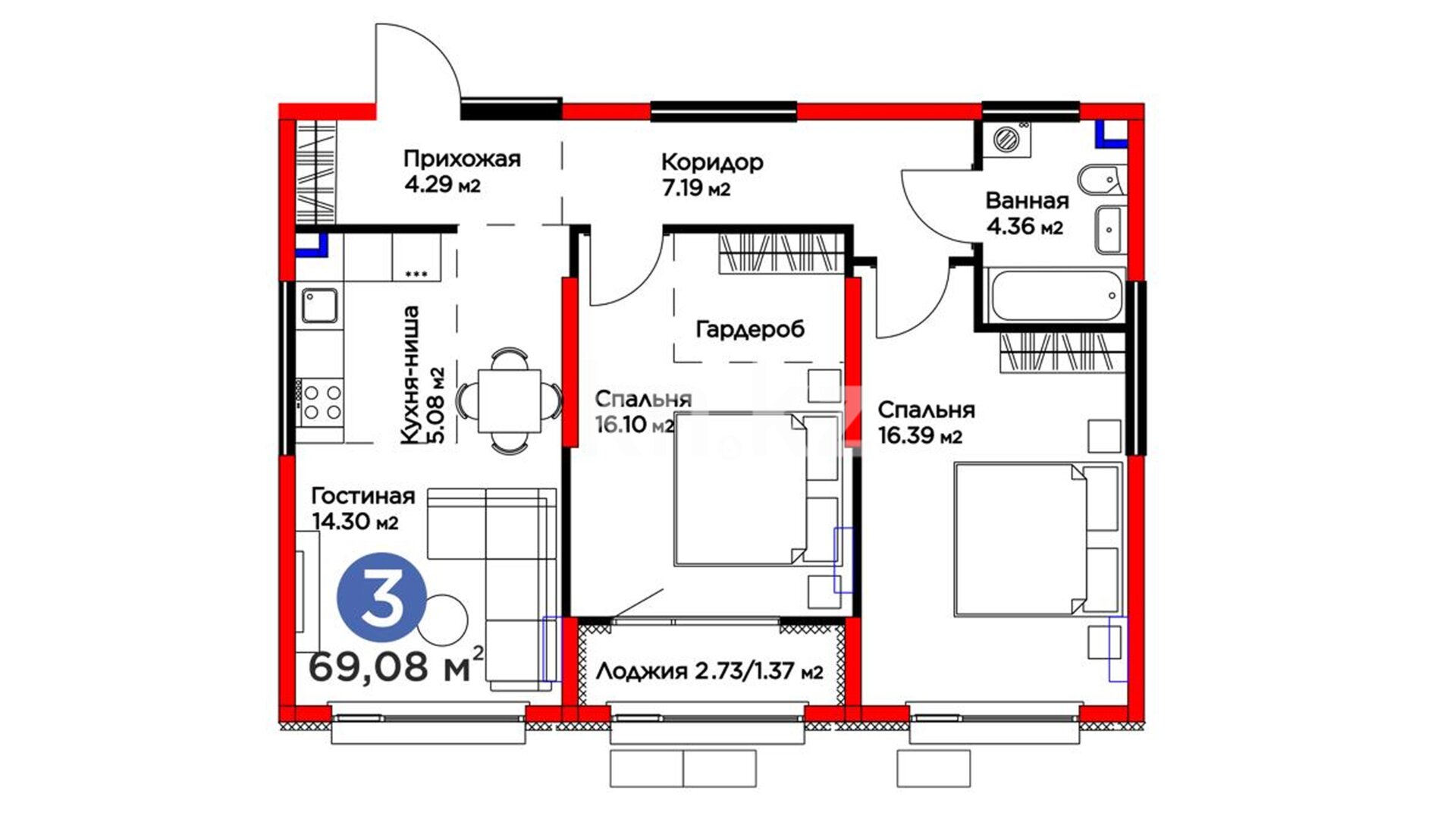 ЖК Arena City. Balance А, 3-комнатная, цена 49 269 330 ₸, 715 500 ₸&nbsp;/&nbsp;м²