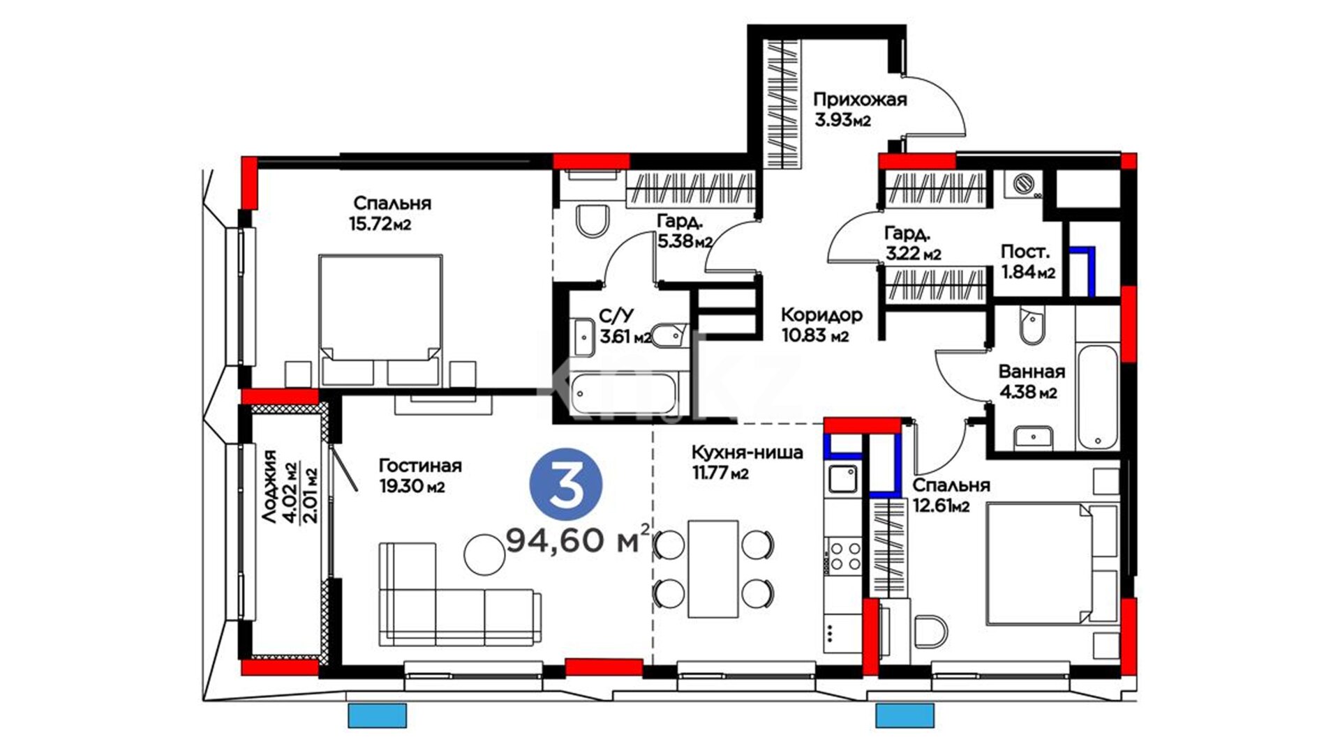 ЖК MOD Ultra, 3-комнатная, цена 84 856 200 ₸, 897 000 ₸&nbsp;/&nbsp;м²